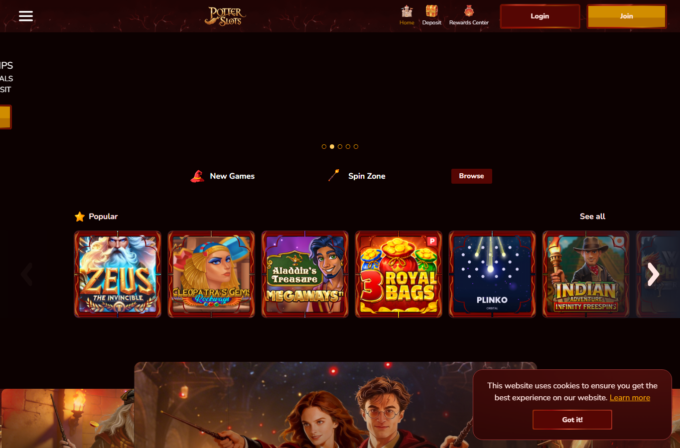 Potter Slots desktop lobby with top navigation, login, join and popular slot games