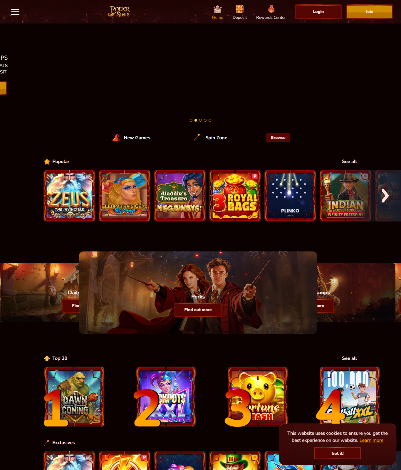 Potter Slots game lobby with popular slots, perks promotion, top 20 games and cookie notice